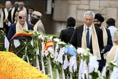 PM Lee attending the wreath laying ceremony along with other G20 leaders at the Rajghat memorial complex in Delhi, India, on Sept 10. 