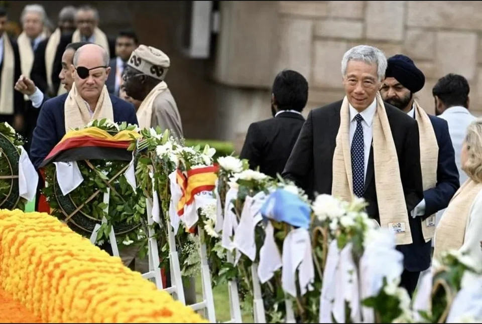 PM Lee attending the wreath laying ceremony along with other G20 leaders at the Rajghat memorial complex in Delhi, India, on Sept 10. 
