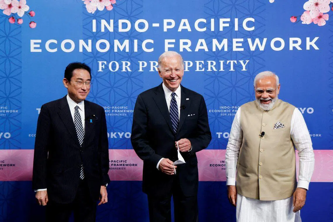 US President Joe Biden, India's Prime Minister Narendra Modi and Japan's Prime Minister Fumio Kishida attend the Indo-Pacific Economic Framework for Prosperity (IPEF) launch event at Izumi Garden Gallery in Tokyo, Japan, May 23, 2022. REUTERS

