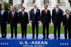 Leaders at the US-Asean Special Summit, May 12, 2022. Left to right: Thailand PM Prayut Chan-o-cha; Cambodia PM Hun Sen; Sultan Haji Hassanal Bolkiah of Brunei; US President Joe Biden; Indonesia President Joko Widodo; Singapore PM Lee Hsien Loong; Laos PM Phankham Viphavanh.