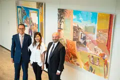 From left: August Hatecke, UBS co-head of global wealth management for Asia-Pacific, and country head for Singapore; Art SG fair director Yang Shuyin; and Art SG co-founder Magnus Renfrew, with UBS-commissioned painting by Hilmi Johandi.