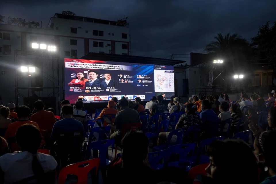 Supporters of the Move Forward Party watching results come in on a screen outside the party headquarters in Bangkok on Sunday.