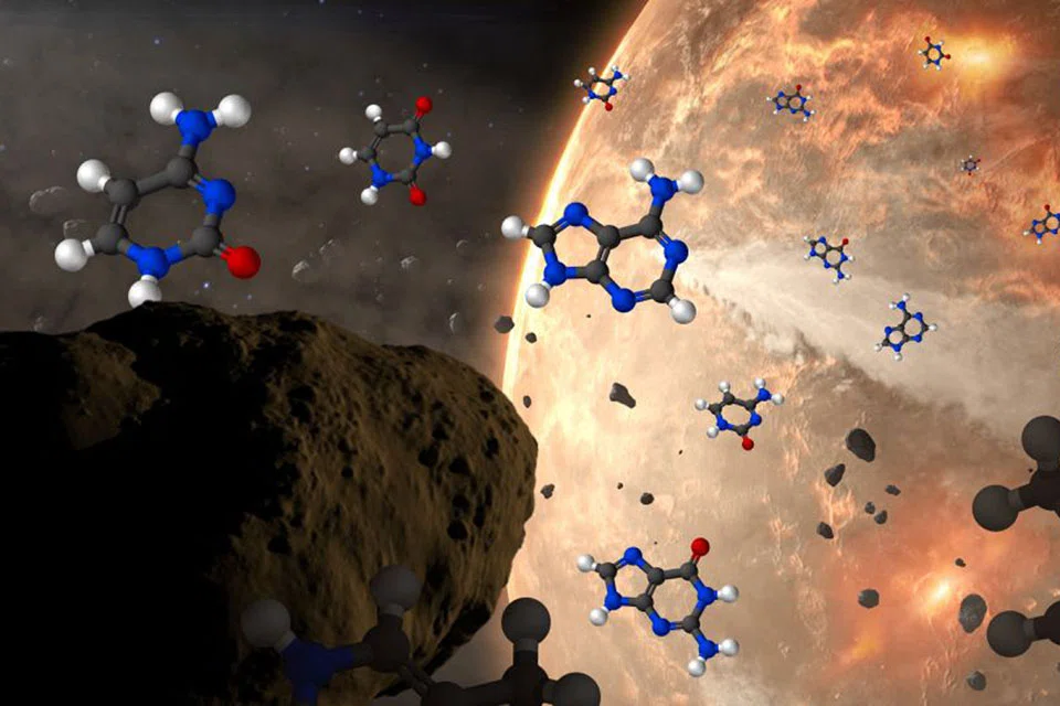 Conceptual image of meteoroids delivering nucleobases - nitrogen-containing compounds crucial in forming DNA's double-helix structure - to ancient Earth. The nucleobases are represented by structural diagrams with hydrogen atoms as white spheres, carbon as black, nitrogen as blue and oxygen as red. 