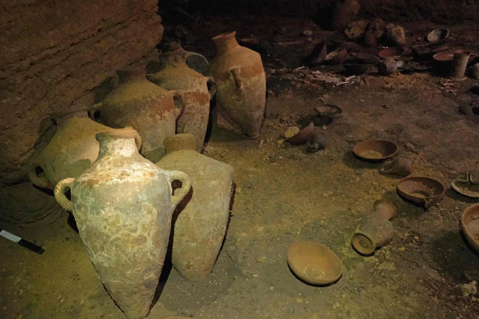 Pottery vessels, dating back to the 13th century BCE during the rule of Egypt's Pharaoh Rameses II, disovered untouched in a funerary cave at the central Palmachim park area on the Mediterranean coast. 