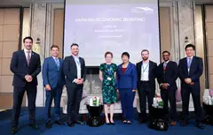 At the Annual Economic Briefing, organised by the British Chamber of Commerce Singapore, on Thursday are (from left): David Kelly, executive director of the British Chamber of Commerce Singapore; David Reynolds, partner at Select Investors; Miles Gooseman, chief executive officer of Select Investors; Michelle Jamrisko, senior Asia economy reporter at Bloomberg; Selena Ling, chief economist and head of treasury research and strategy at OCBC; Alex Holmes, senior economist at Oxford Economics; Chidu Narayanan, Asia FX and rates strategist at BNP Paribas; and Chua Hak Bin, chief economist at Maybank.  