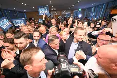 Hessen's State Premier and top candidate of the conservative Christian Democratic Union (CDU) party Boris Rhein greets his supporters at the State Parliament of Hessen in Wiesbaden, western Germany, as first exit polls were released of regional elections in the western federal state of Hessen on Oct 8, 2023. 