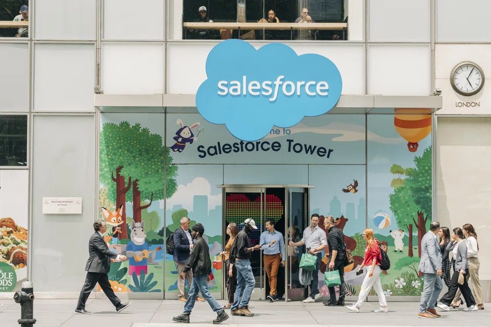 The entrance to Salesforce Tower in New York, June 15, 2023. The next stage of getting workers back at their desks includes incentives like $10 to the charity of their choice, and consequences like poor performance evaluations if they don't make the trek in.