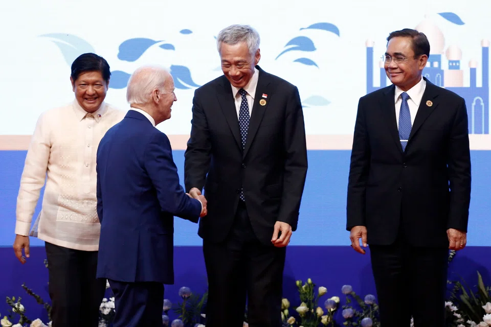 US President Joe Biden (second from left) with PM Lee Hsien Loong (third from left) as Philippine President Ferdinand 'Bongbong' Marcos Jr (left) and Thailand's Prime Minister Prayut Chan-o-cha look on; Biden signalled during the meeting that he would keep communication lines with Beijing open and ensure that US competition with China – which he stated would be vigorous – does not veer into conflict.