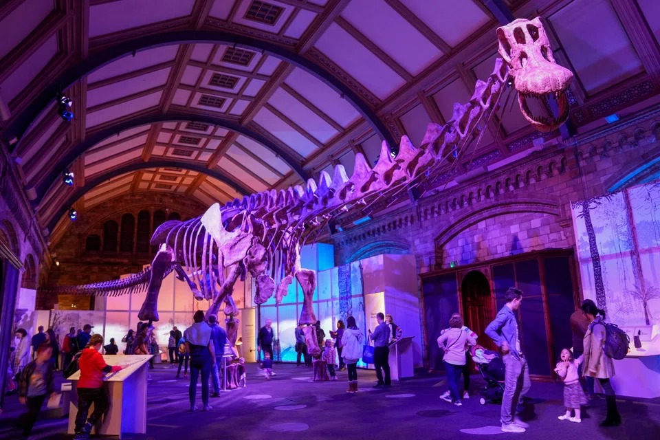 Museum visitors walk beneath the skeleton of Patagotitan as it goes on display as part of the new 'Titanosaur: Life as the Biggest Dinosaur' exhibit at the Natural History Museum in London, Apr 1, 2023. 