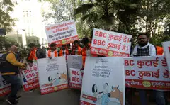 Activists from the Hindu right-wing organisation Hindu Sena protesting with placards reading 'BBC quit India' and 'BBC beating day' outside the BBC office in New Delhi, India, 15 Feb 2023. 