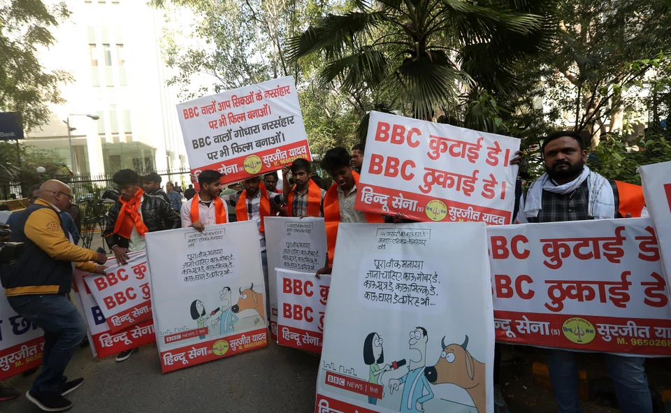 Activists from the Hindu right-wing organisation Hindu Sena protesting with placards reading 'BBC quit India' and 'BBC beating day' outside the BBC office in New Delhi, India, 15 Feb 2023. 