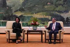US Commerce Secretary Gina Raimondo (left) with China's Premier Li Qiang during their meeting at the Great Hall of the People in Beijing on Aug 29. 