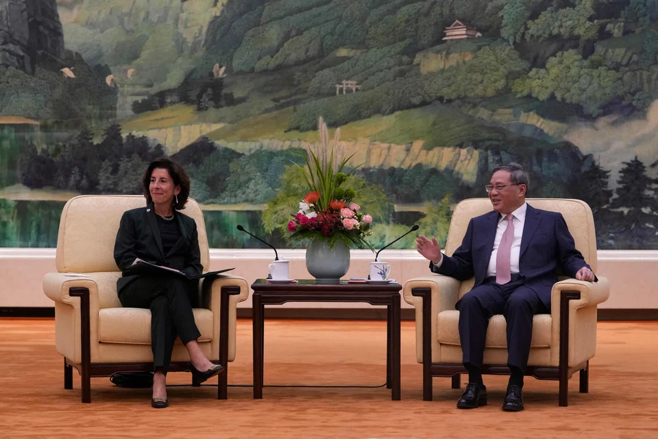 US Commerce Secretary Gina Raimondo (left) with China's Premier Li Qiang during their meeting at the Great Hall of the People in Beijing on Aug 29. 