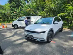 A P.Up mobile charging van (behind) and Hyundia Ioniq 5 EV (front); the P.Up charging van will provide on-location charging, topping up an EV up to 80 per cent charge. 