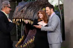 Cast members (from left) Jeff Goldblum, Bryce Dallas Howard and Chris Pratt attend a premiere for Jurassic World: Dominion in Los Angeles on June 6, 2022.