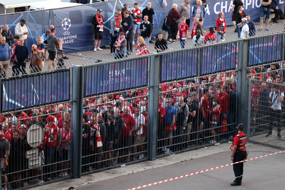 Liverpool fans outside the Stade de France prior to the UEFA Champions League final football match between Liverpool and Real Madrid last Saturday. Many had failed to get in because they had reportedly bought fake tickets.  