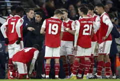 Arsenal manager Mikel Arteta (in black) talking to his players at last weekend's FA Cup match against Manchester City. Arsenal play second-from-bottom Everton in the Premier League on Saturday.