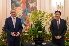 Australia Prime Minister Anthony Albanese (left) and Singapore's Acting Prime Minister Lawrence Wong pose during an orchid-naming ceremony at the Istana on June 2, 2023.