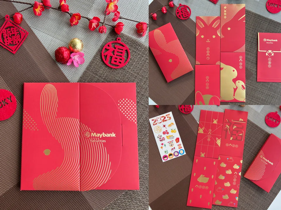 Maybank Securities is offering a limited edition box of red packets with eight rabbit designs. 