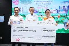 From left: Lam Chee Weng, chief executive officer of Singapore Pools; Tan Choon Shian, chief executive of Tote Board; and Chew Sutat, chairman of Community Chest, at the cheque presentation ceremony.