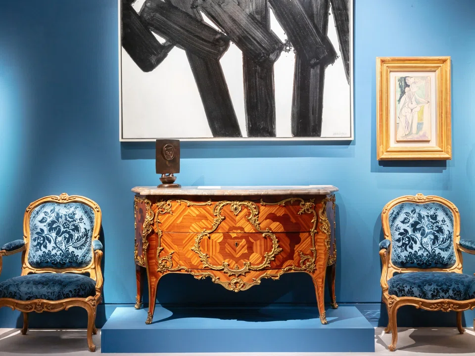 Art and furniture pieces belonging to a late member of the Hermès family on display at auction. 