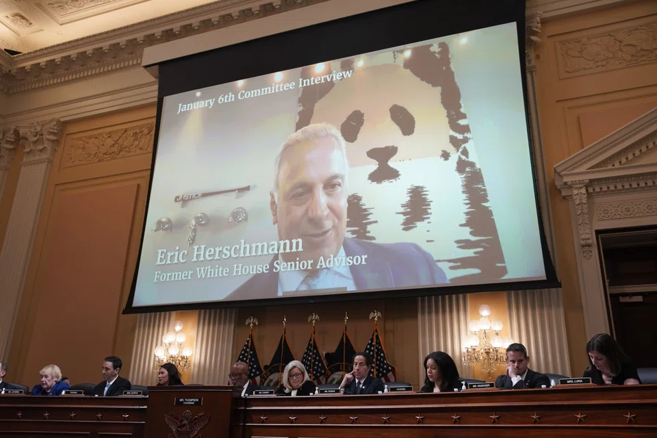 A video of Eric Herschmann, former White House senior adviser, is played during a hearing of the Select Committee to Investigate the Jan 6 attack on the US Capitol in Washington, D.C., on July 12, 2022. 