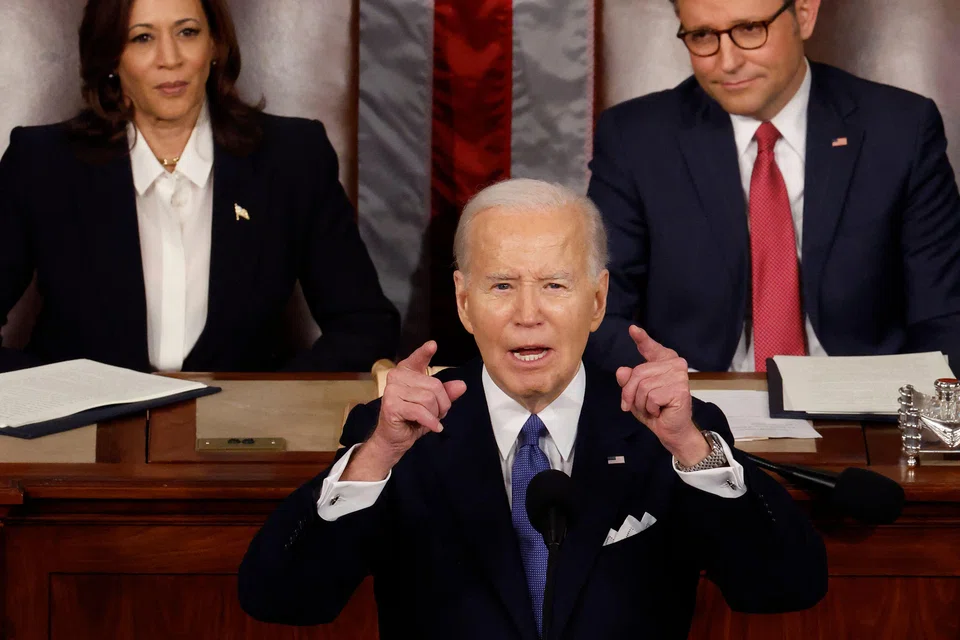 US President Joe Biden delivers the State of the Union address during a joint meeting of Congress in the House chamber at the US Capitol on Mar 7, 2024 in Washington, DC. 