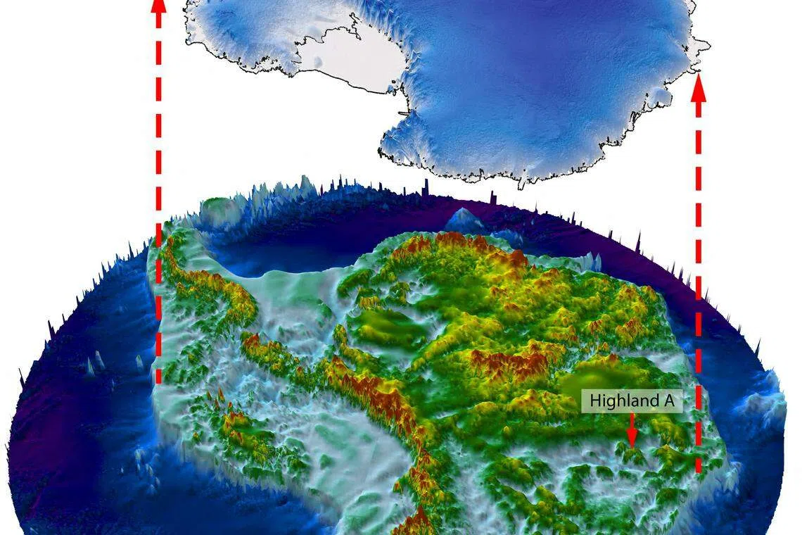 An illustration shows how a landscape the size of Belgium located in Wilkes Land, East Antarctica would appear if the thick ice sheet covering it were lifted away. 