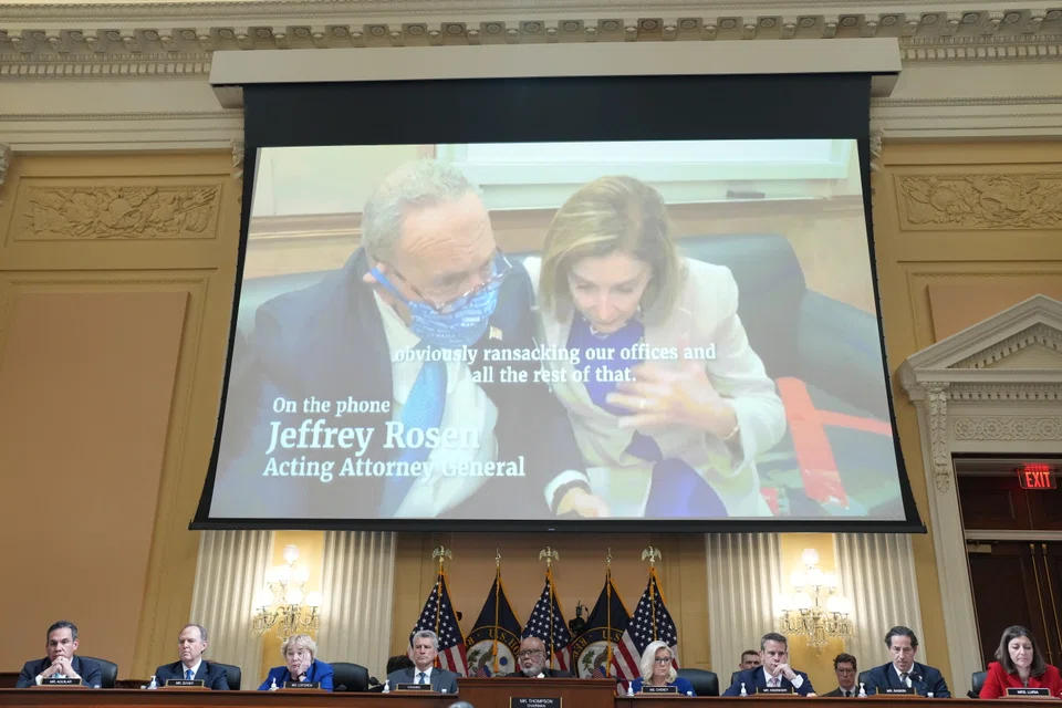Members of the House Select Committee investigating the Jan 6 attack on the US Capitol hold their 9th public hearing on Capitol Hill in Washington on Oct 13, 2022. 