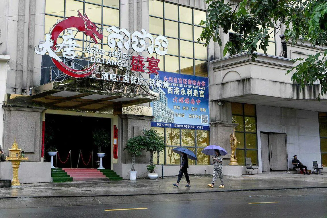 A casino building shut down by police  in Sihanoukville in Cambodia. Experts say the trafficked captives are held in large compounds in converted casinos in Cambodia, and in special economic zones in Myanmar and Laos. 