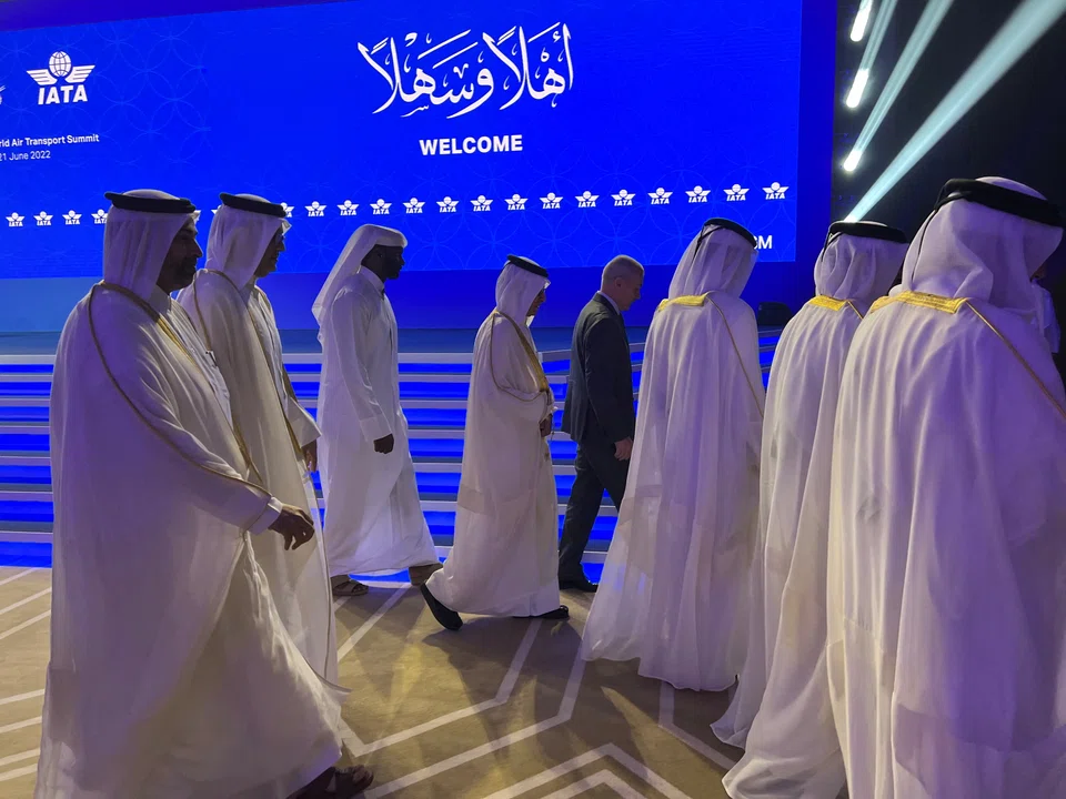 Global airline industry body International Air Transport Association (IATA) director-general Willie Walsh and Qatar Airways chief executive officer (CEO) Akbar al Baker at the opening of the 78th IATA annual meeting in Doha, Qatar, on Monday (Jun 20). 