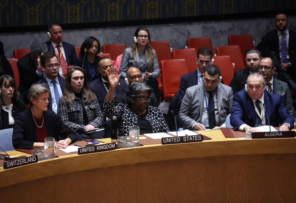 US Ambassador to the United Nations Linda Thomas-Greenfield casts a veto vote on a UN Security Council resolution to demand an immediate humanitarian ceasefire in Gaza.