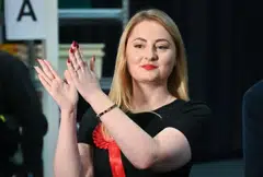 Labour Party candidate Gen Kitchen celebrates after winning the Wellingborough Parliamentary by-election at the count centre in Kettering, Britain, Feb 16, 2024. 