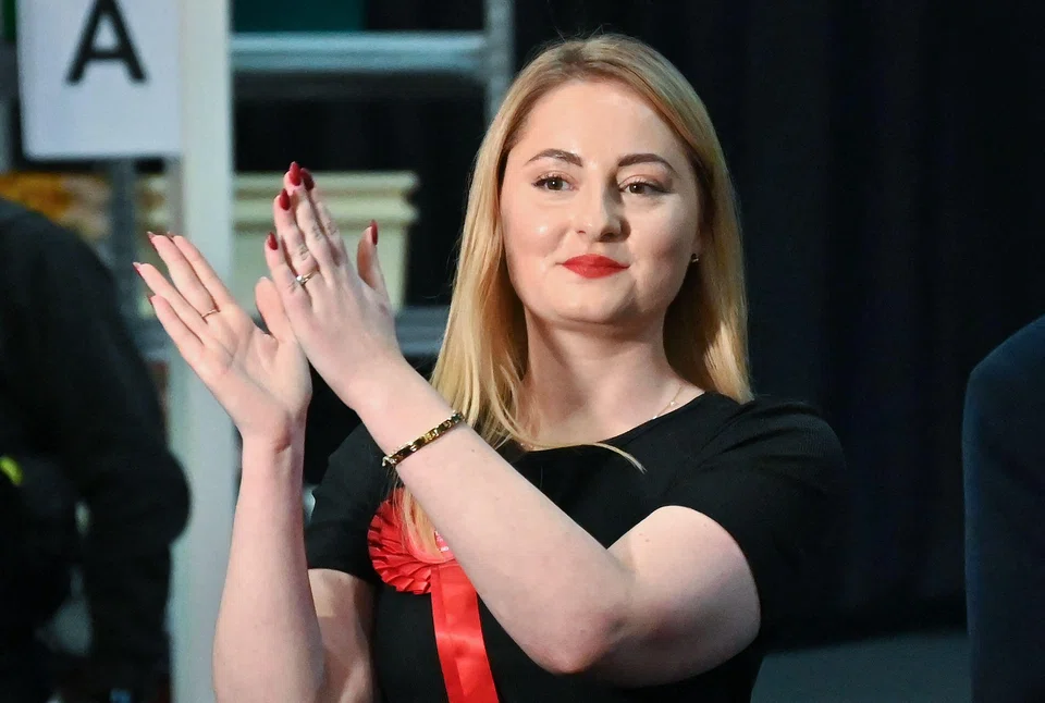 Labour Party candidate Gen Kitchen celebrates after winning the Wellingborough Parliamentary by-election at the count centre in Kettering, Britain, Feb 16, 2024. 