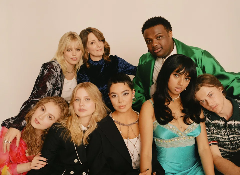 Tina Fey (top centre), with the cast of the new "Mean Girls" film musical in Los Angeles, Dec 4, 2023. 