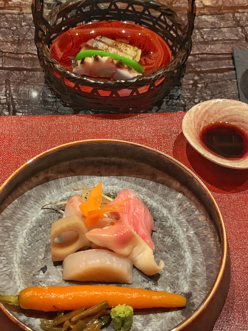 Sashimi mix of raw, grilled and smoked seafood.