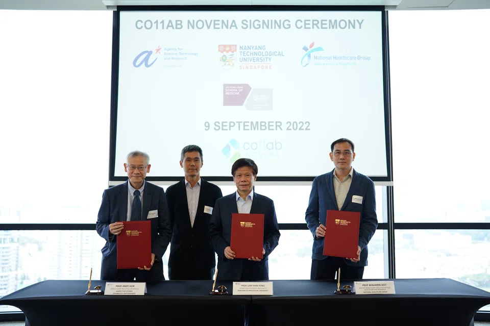 From left: A*Star deputy chief executive (research) Professor Andy Hor; Enterprise SG assistant chief executive Soh Leng Wan; NTU senior vice-president (research) Professor Lam Khin Yong; NHG deputy group CEO (education and research) Professor Benjamin Seet
