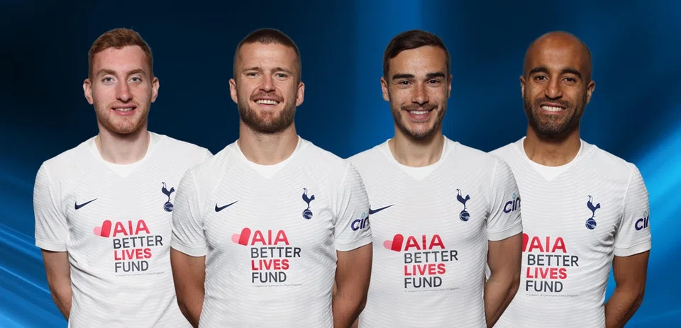 Left to right: Dejan Kulusevski, Eric Dier, Harry Winks, Lucas Moura. Tottenham Hotspur players will wear jerseys with 'AIA Better Lives Fund' emblazoned on the front to raise funds for disadvantaged children during their EPL match on Sunday (May 1).