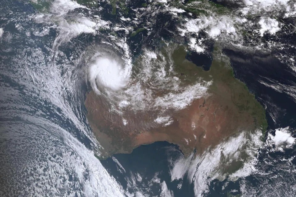 A handout satellite image made available by Australia's Bureau of Meteorology shows Tropical Cyclone Ilsa at 10.30 am AEST over the coast of northern Western Australia, Australia, April 13, 2023. 