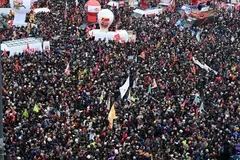 Demonstrators gather at Place de la Republique during a rally called by French trade unions in Paris, Jan 19, 2023.