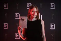 Canadian author Sarah Bernstein with her book "Study of Obedience" at the National Portrait Gallery in London in September.   
