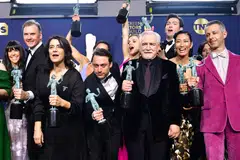  In this file photo taken on Feb 27, 2022, Scottish actor Brian Cox (3rd R), US actor Jeremy Strong (R) and members of the cast from “Succession” pose with the award for Outstanding Performance by an Ensemble in a Drama Series, in the press room during the 28th Annual Screen Actors Guild Awards in Santa Monica, California. Succession topped this year’s Emmy nominations, earning 25 nods.