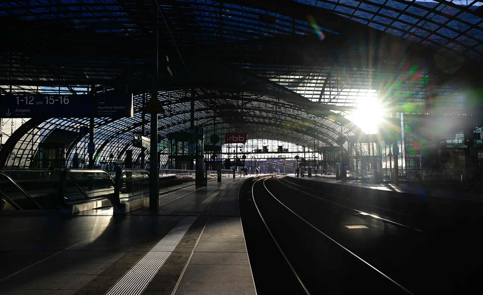 An empty platform at Berlin’s main central station on March 27, 2023.  Transport employees are pressing for higher wages to blunt the effects of inflation, which reached 9.3 per cent in February. 