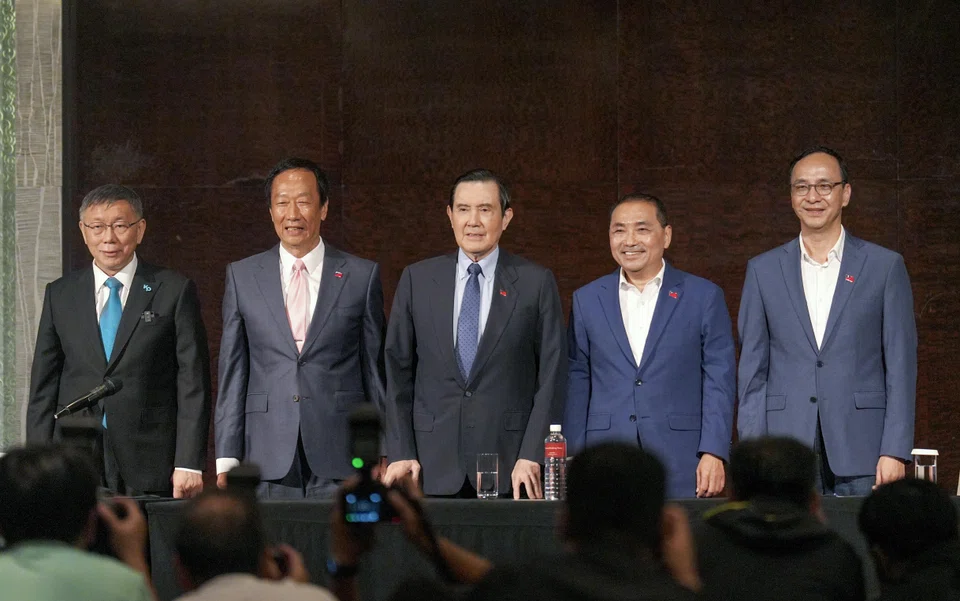 (From left) Taiwan People's Party (TPP) chairman and presidential candidate Ko Wen-je, Foxconn founder Terry Gou, former Taiwan President Ma Ying-jeou, Kuomintang (KMT) presidential candidate Hou Yu-ih and KMT Chairman Eric Chu attend a press conference in Taipei, Taiwan, Nov 23, 2023. 