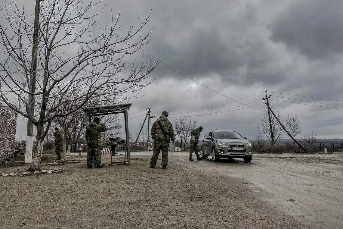 Russian troops at the entrance to the village of Varnita, in Transnistria. Full control of southern Ukraine would improve Russian access to Moldova’s pro-Russian breakaway region of Transdniestria, which borders Ukraine.