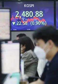 The Kospi ended down 6.2 points or 0.26 per cent at 2,409.41, its lowest close since Jul 25, after swinging between positive and negative territories.