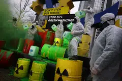 Demonstrators protesting against the greenwashing of nuclear energy and gas through the taxonomy of the European Union (EU) in Frankfurt, Germany. The EU has launched new rules on corporate sustainability reporting, which include more detailed reporting on issues such as environmental rights. 