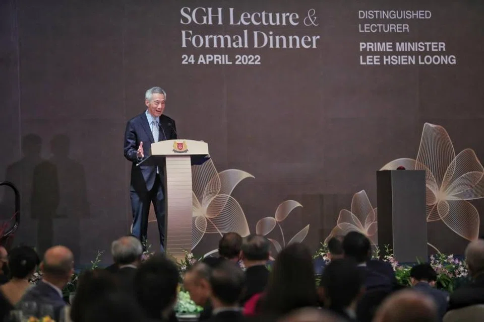 Prime Minister Lee Hsien Loong speaking at SGH's Lecture and Formal Dinner 2022 at Shangri-La Singapore on Apr 24.