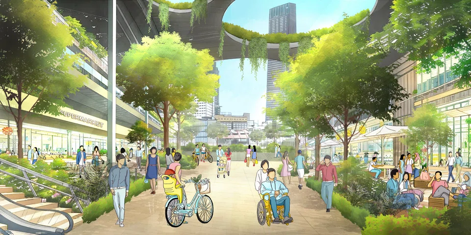 An artist's impression of a planned pedestrian mall in the upcoming integrated mixed-use development near Outram Park MRT station, within Pearl's Hill estate.
