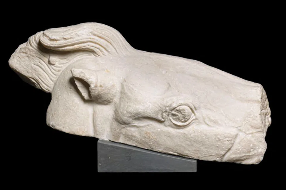 According to the Vatican Museums website, one piece is the head of the horse that was pulling Athena’s chariot on the west side of the building.